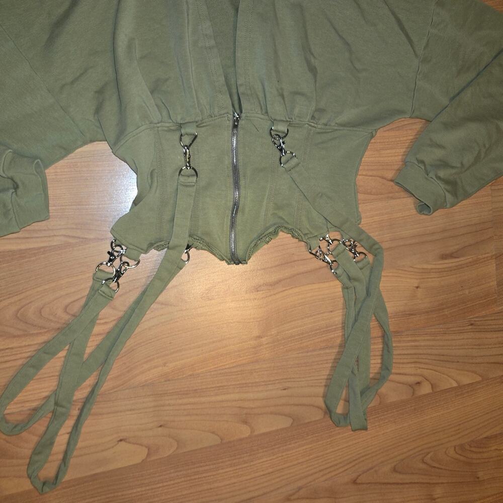 Olive Green Cropped Hoodie with Straps - Picture 5 of 8